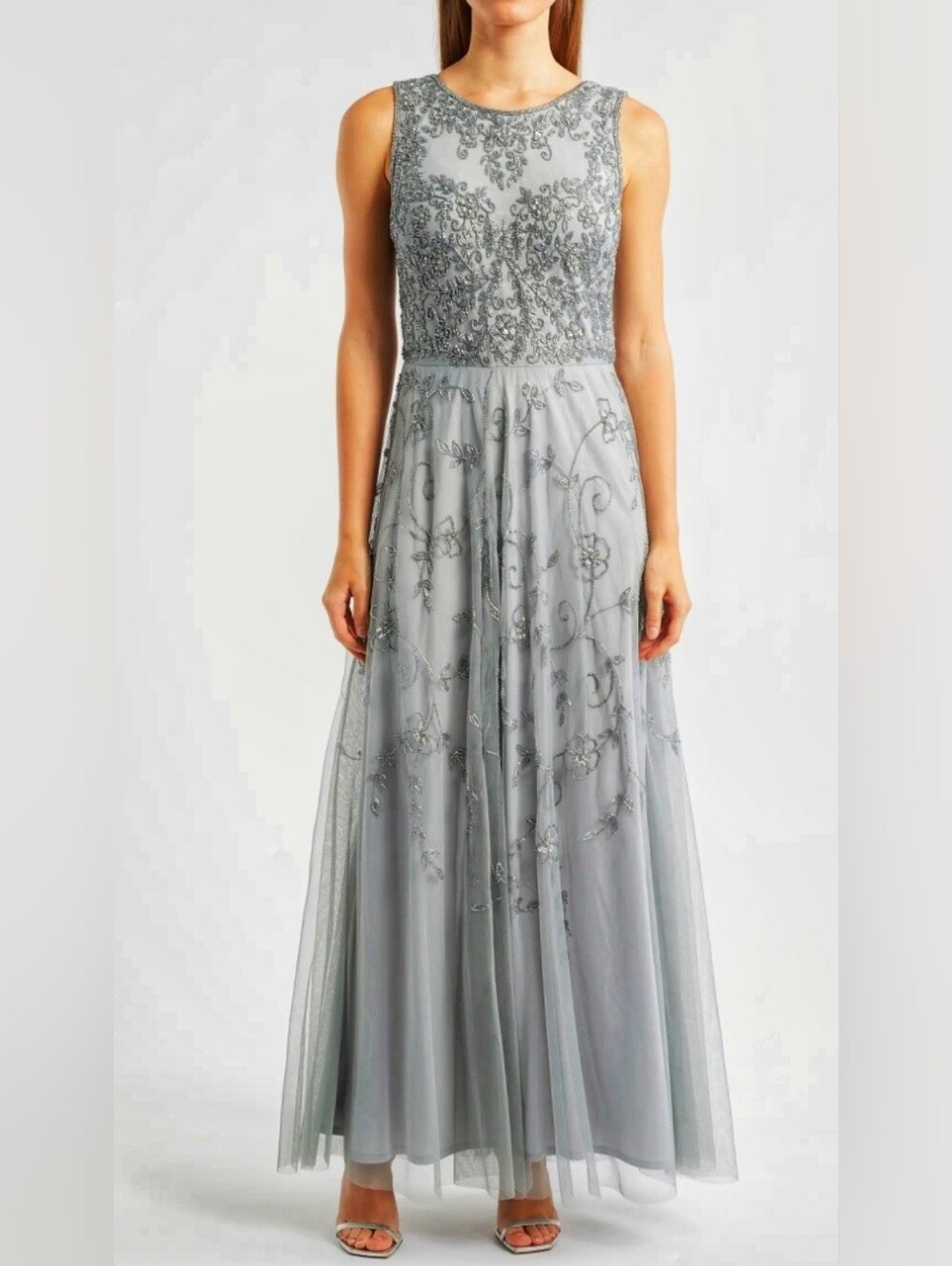 Sz 8 - Pisarro Nights Beaded Silver-Gray Sleeveless Maxi Gown